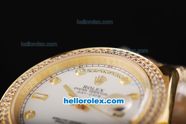 Rolex Day-Date II Automatic Movement Full Gold with Double Row Diamond Bezel-White Dial and Diamond Markers - Click Image to Close